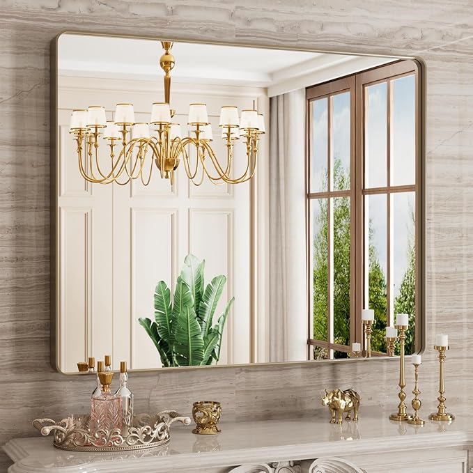 Bronze Bathroom Mirror 40x32 Inch, Brushed Bronze Metal Frame Mirror by JISOSO