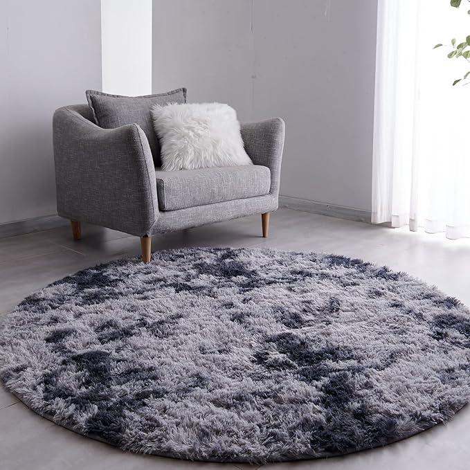FJZFING Tie-Dyed Dark Grey Round Rug Ultra-Soft Plush Modern 4x4 Circle Area Rug by FJZFING