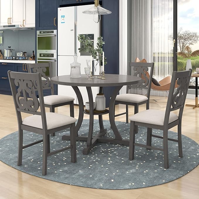 Merax 5 Piece Round Dining Table Set 4 Retro Chairs - Image 7