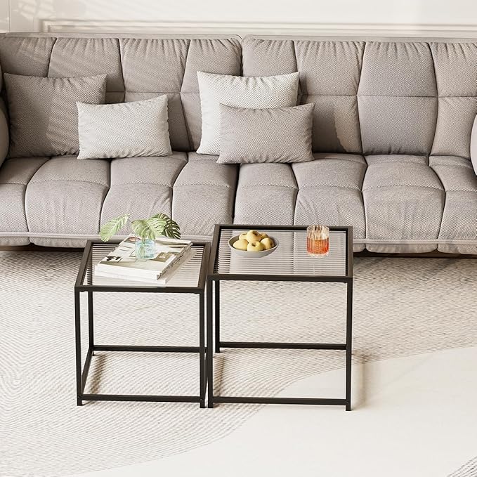VILAWLENCE Coffee Table Set of 2, Modern Black Patterned Glass Side Table - Image 4