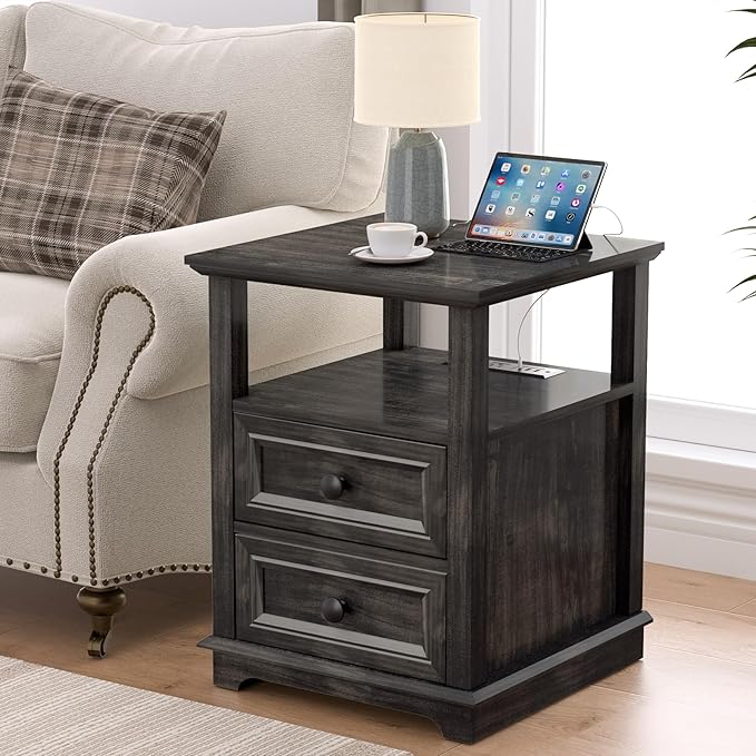 End Table with Fast Charging Station Set of 2, Large Storage Rustic Wood Square - Image 6