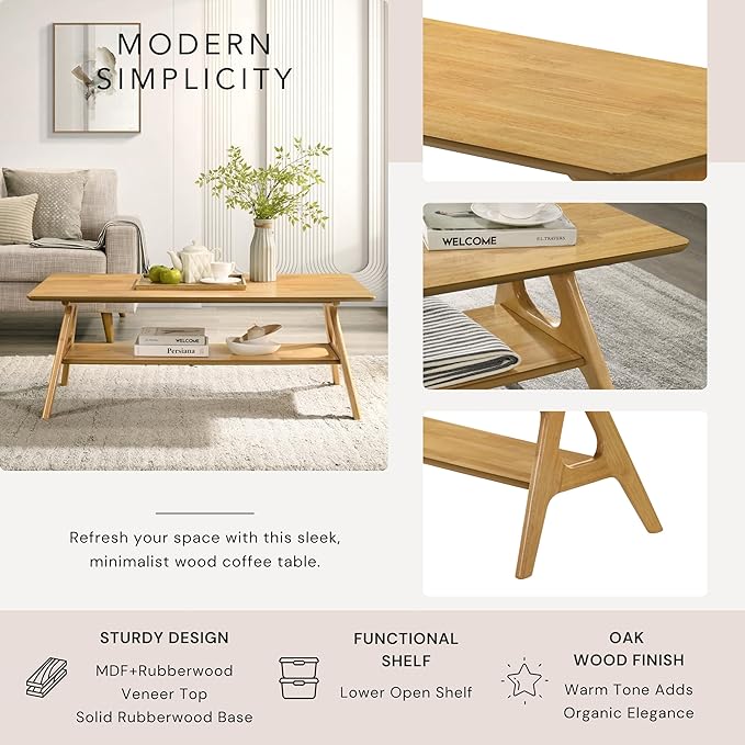 Roundhill Furniture Arona Mid-Century Modern Wood Shelf Coffee Table, Natural - Image 4