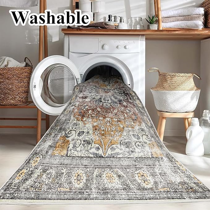 Area Rug 8x10 Washable Rug Taupe Vintage Traditional Mat Distressed Indoor - Image 3
