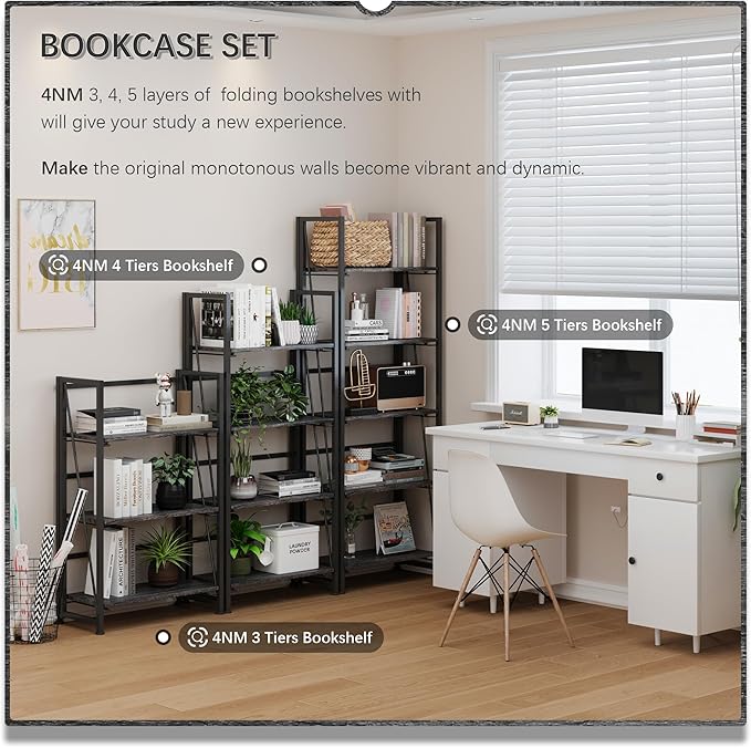 4NM No-Assembly Folding Bookshelf Storage Shelves 4 Tiers Vintage Bookcase - Image 6