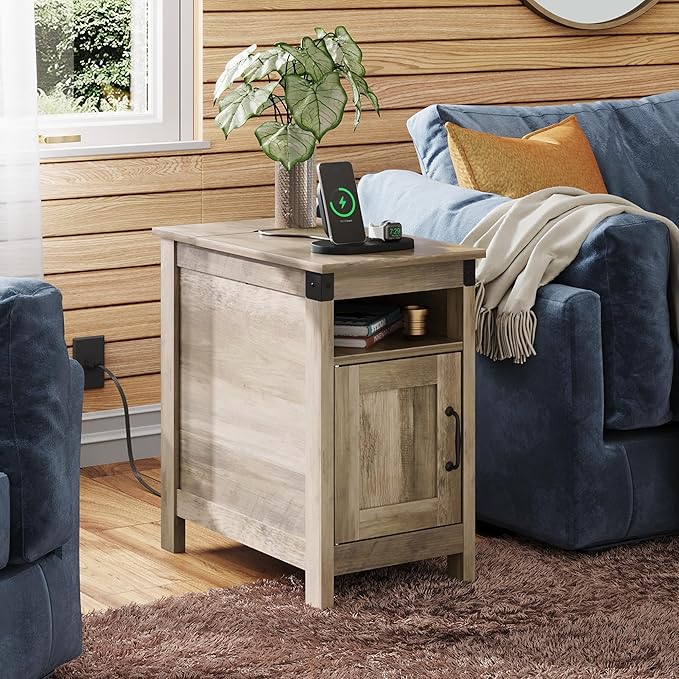 WLIVE Farmhouse End Table with Charging Station, Narrow Side Table - Image 2