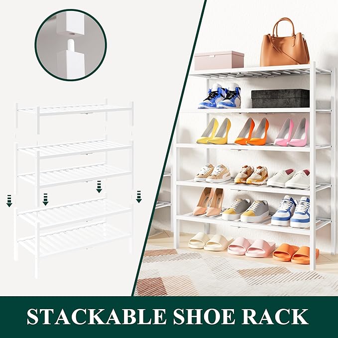 Smiry Shoe Rack, 3 Tier Thick Bamboo Shoe Organizer, Stackable Free Standing - Image 4