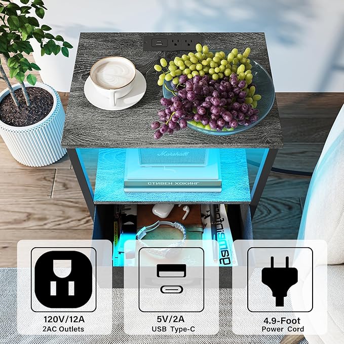 TUTOTAK LED End Table with Charging Station, Nightstand with Cloth Drawer - Image 4