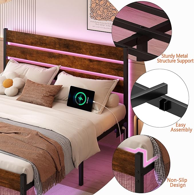 Twin Bed Frame with Headboard, Heavy Duty LED Bed Frame with USB Charging - Image 3