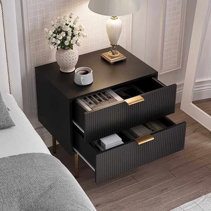 Black Nightstand for Bedroom, Fluted Night Stand Set of 2, Mid Century Modern - Image 7