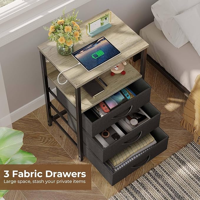 Seventable Nightstand with Charging Station and LED Light, Bedside End Table - Image 2