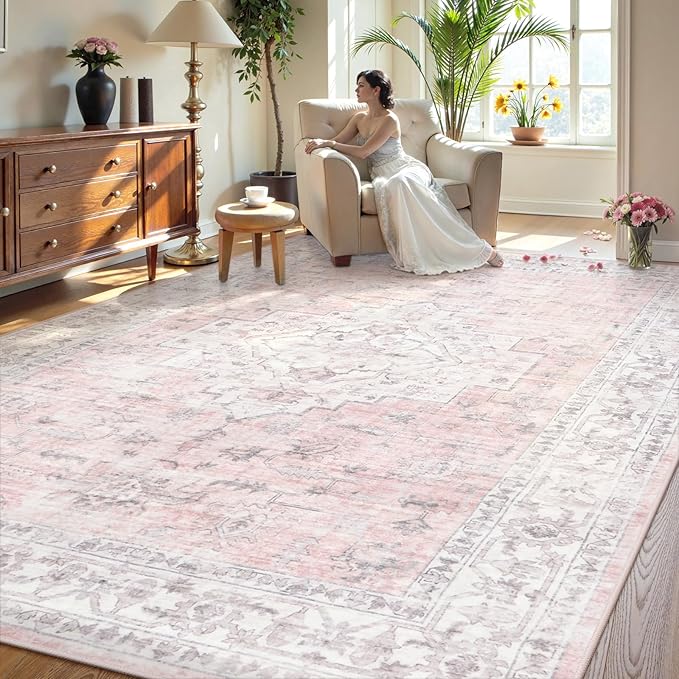 LIVEBOX Pink 10x14 Area Rug for Bedroom Girls, Boho Washable Rugs for Living - Image 2