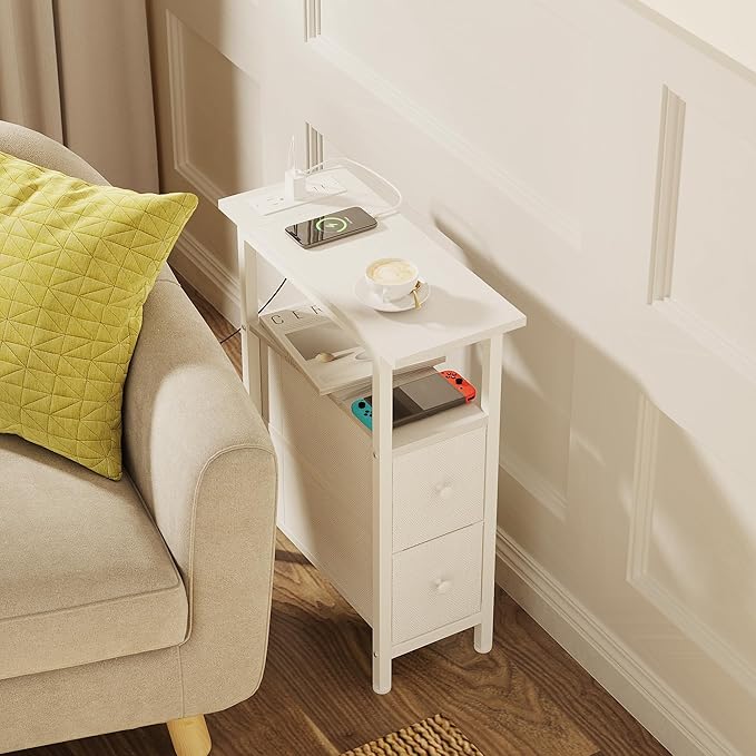 End Table Set 2 with Charging Station, Narrow Side Table with 2 Fabric Drawers - Image 7