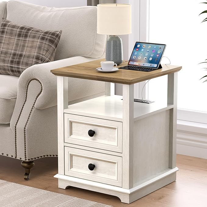End Table with Fast USB C Charging Station, Large Storage Rustic Wood Square - Image 2