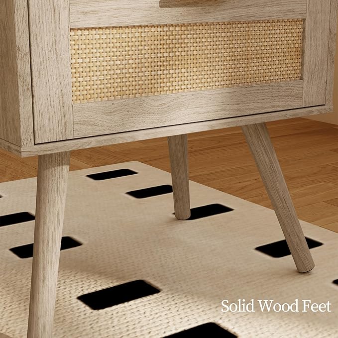 Rattan Nightstand with Charging Station, Farmhouse Bedside Table with 2 Storage - Image 7
