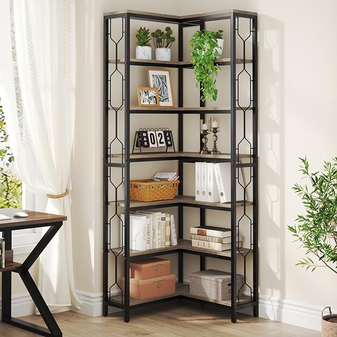 Tribesigns Corner Shelf, 7-Tier Industrial Corner Bookshelf, Wood and Metal - Image 3