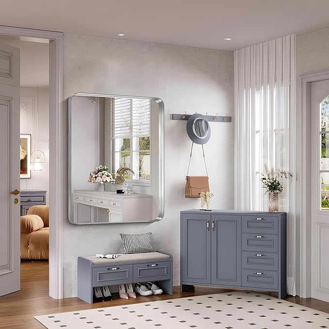 FORBATH 48x36 Inch Bathroom Mirror, Brushed Silver Deep Frame Wall Mirror - Image 4