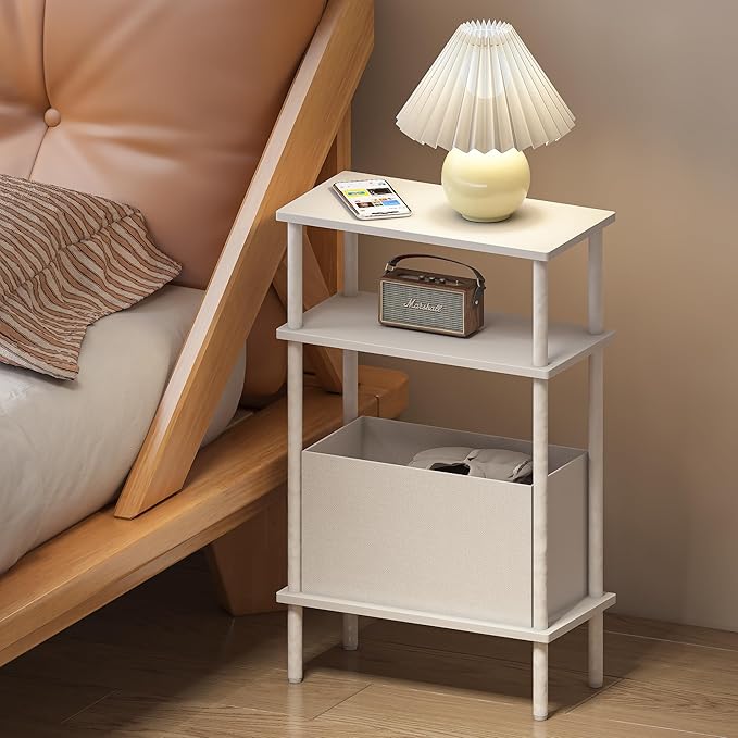 Narrow Side Table with Fabric Basket, Slim Nightstand with 3-Tier Storage Shelf - Image 8
