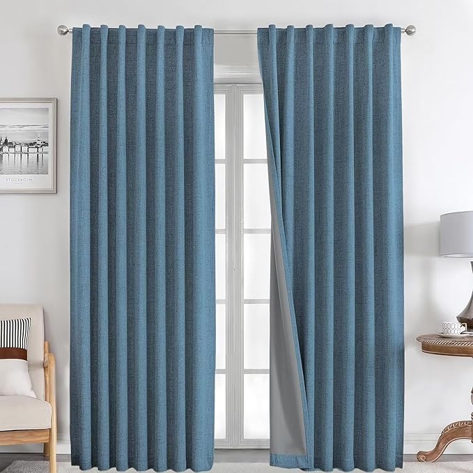 Joydeco Natural Linen Curtains 90 inch Length 2 Panels Set Burg 100% Blackout by JOYDECO