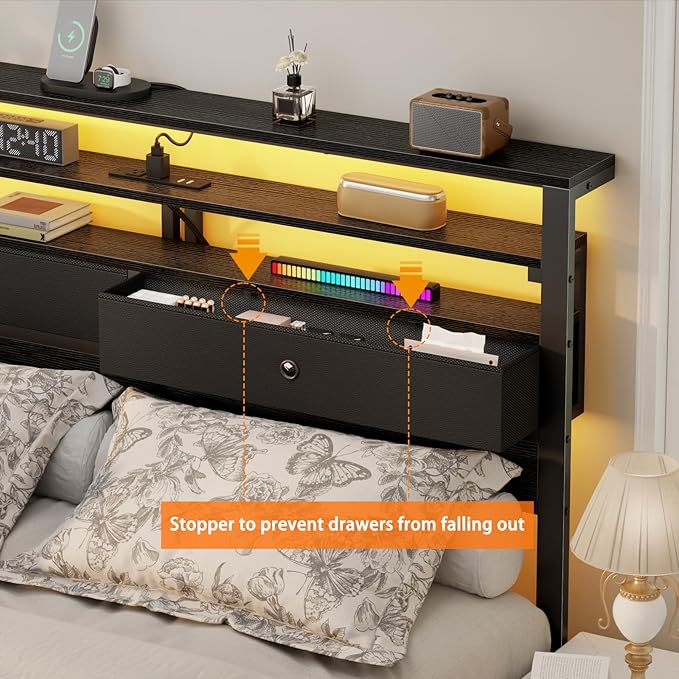 Furnulem Queen Bed Frame with Headboard & 2 Fabric Drawers, Bed Frame Queen - Image 3