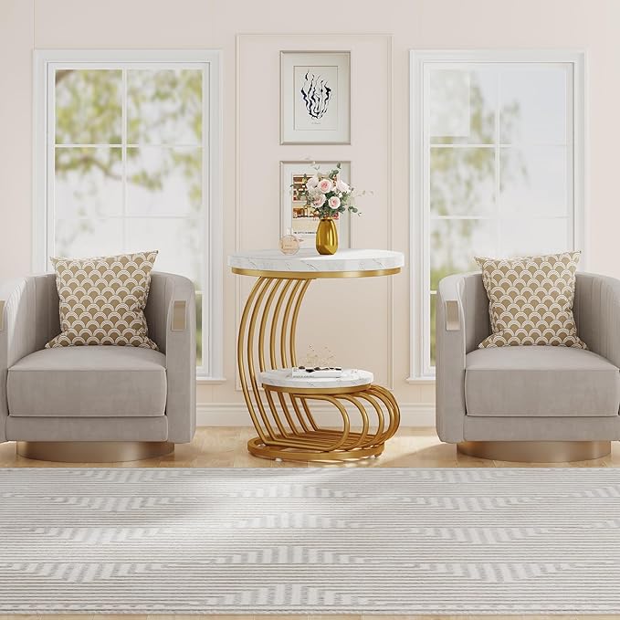 Tribesigns Gold Round End Table: 2 Tiers Faux Marble Side Table - Image 9