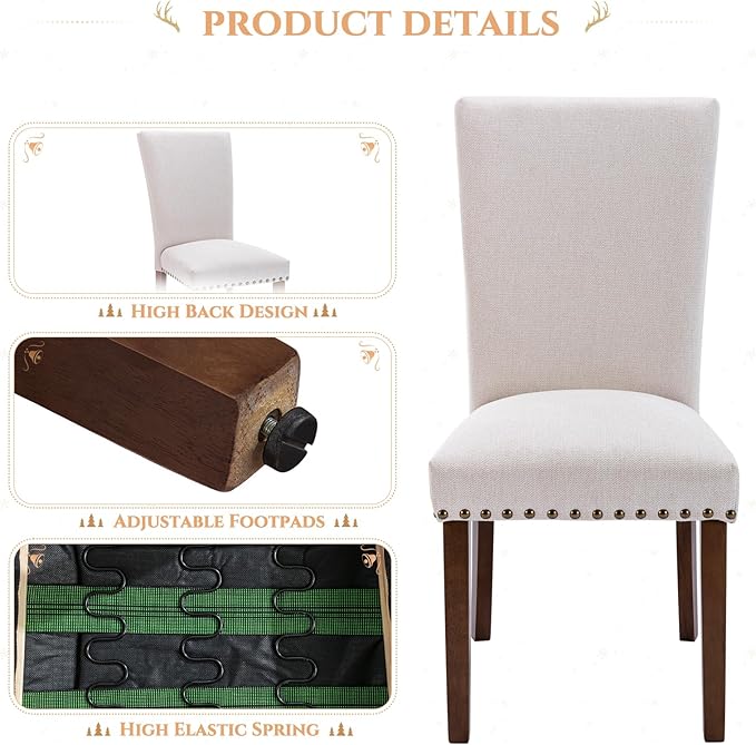 Set of 4 Beige Upholstered Dining Chairs, Farmhouse Kitchen Chairs - Image 4