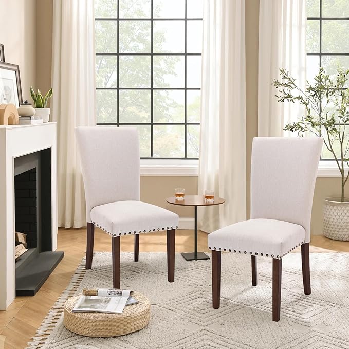 Set of 4 Beige Upholstered Dining Chairs, Farmhouse Kitchen Chairs - Image 5