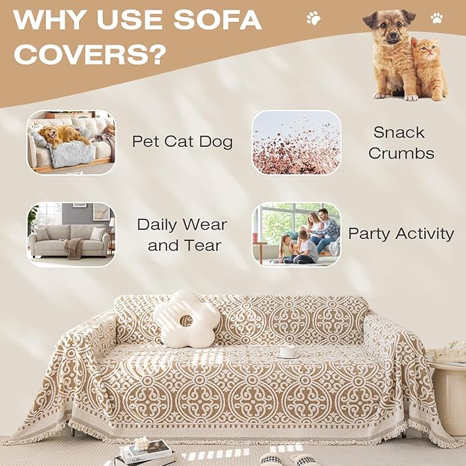 STACYPIK Khaki French Jacquard Couch Covers Thickened Boho L Shape Sofa Covers - Image 3