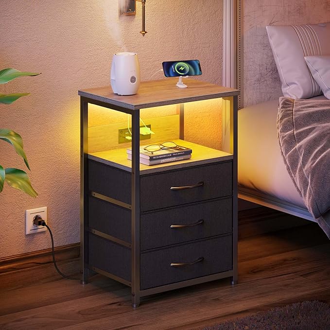 Seventable Nightstand with Charging Station and LED Light, Side Table with 3 - Image 5