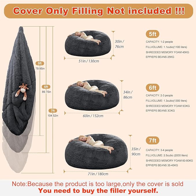 Bean Bag Chair Cover Soft Faux Fur Stuffed Animal Bean Bag Storage, Fluffy - Image 2