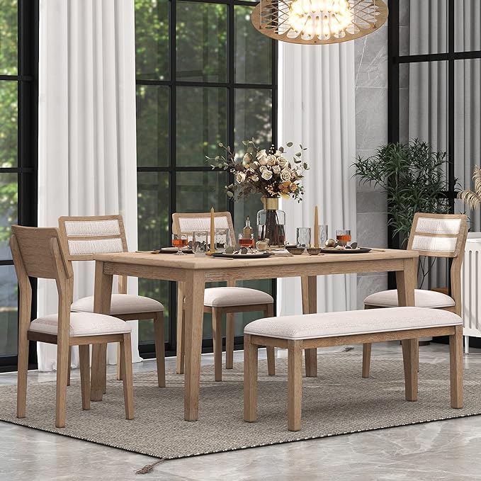 6 Pieces Dining Table Set with 60" Rectangle Kitchen Desk, Wooden Living Room by Unknown