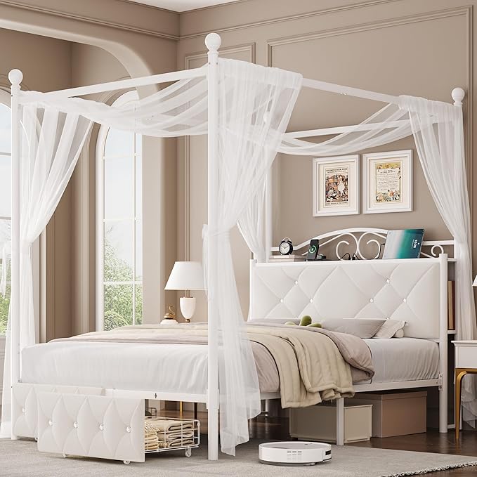 Queen Upholstered Canopy Bed Frame by KeyluvHome