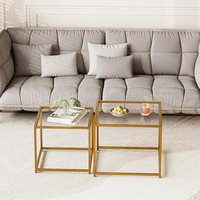 VILAWLENCE Coffee Table Set of 2, Modern Gold Glass Side Table, Metal Frame - Image 4