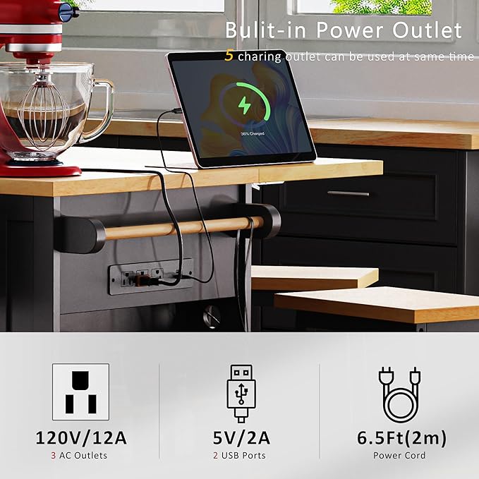 53" Large Kitchen Island with 2 Bar Stools, Power Outlet & Door Internal - Image 4