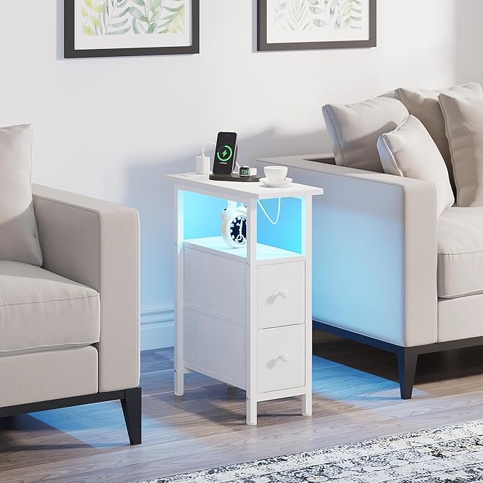 End Table with Charging Station, Narrow Side Table with 2 Fabric Drawers - Image 8