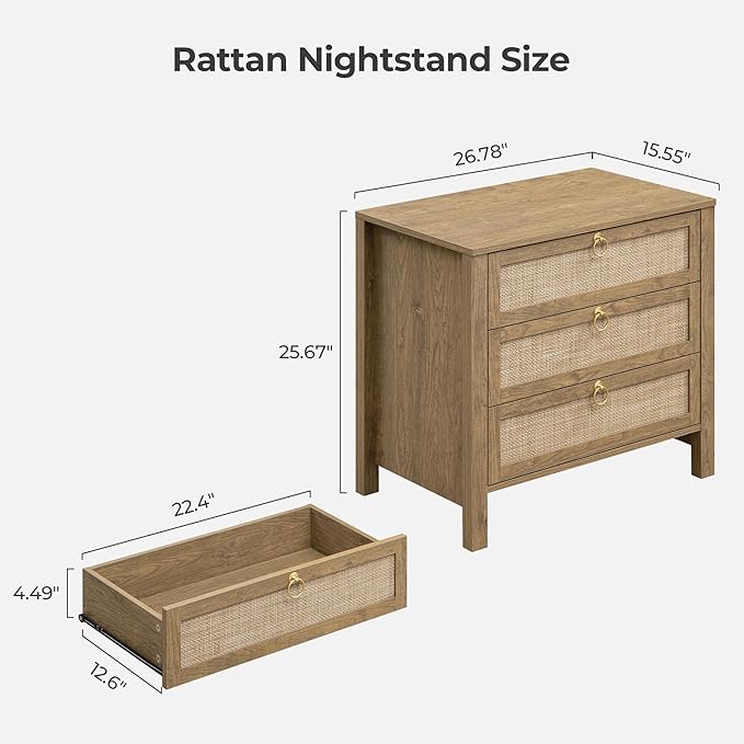 SICOTAS Night Stand with Drawers, Large Rattan Bedside Table with Golden Handle - Image 2