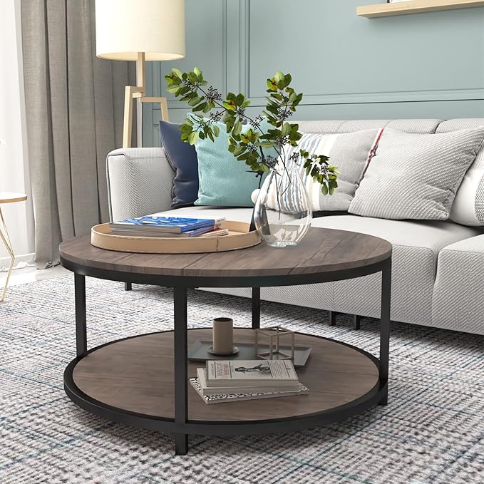 NSdirect Round Coffee Table, 2-Tier Rustic Wood Desktop - Image 9