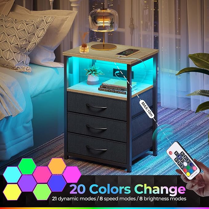 Seventable Nightstand with Charging Station and LED Light, Bedside End Table - Image 4