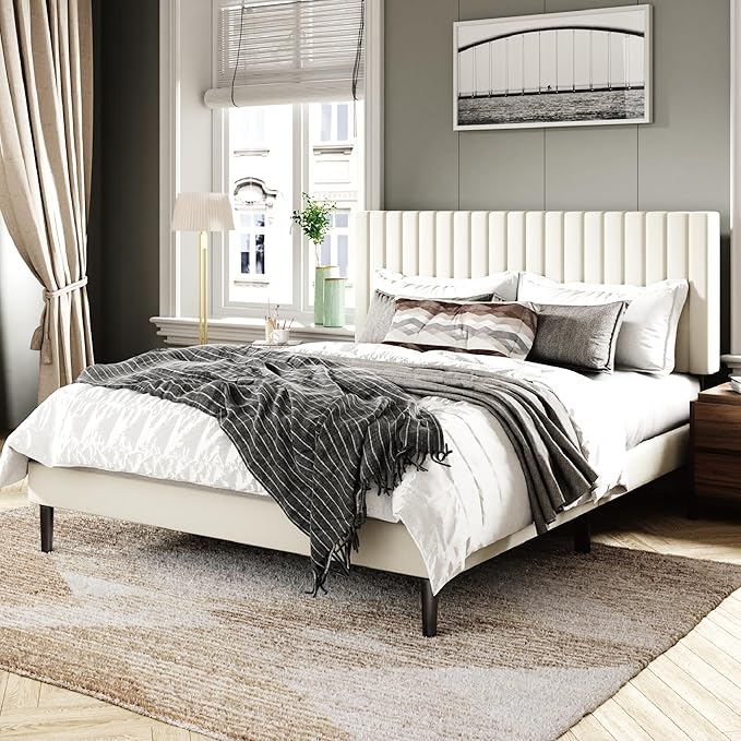Full Size Bed Frame with Velvet Upholstered Headboard, Platform Bed with Strong - Image 3