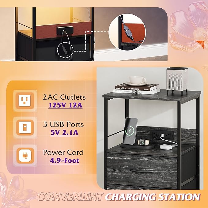 WLIVE Night Stand with Charger Station, LED Nightstand - Image 5