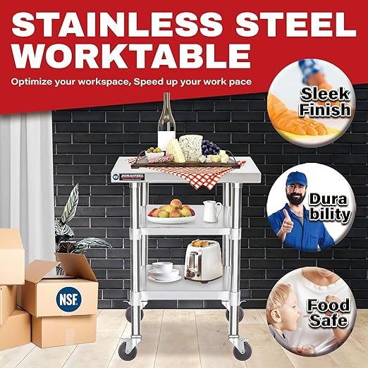 DuraSteel Stainless Steel Work Table 24" x 24" x 34" Height w/ 4 Caster Wheels - Image 3