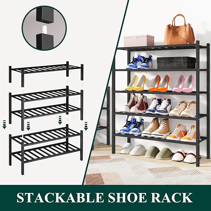 Smiry Shoe Rack, 6 Tier Bamboo Shoe Organizer, Stackable Free Standing Wooden - Image 4