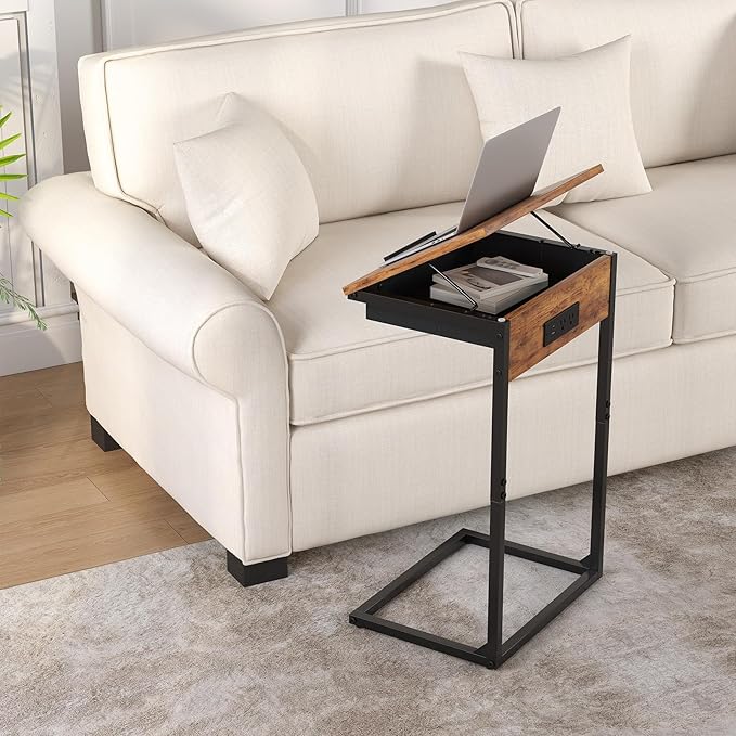C Shaped End Table with Charging Station, 45° Tiltable Adjustable Flip Top Side - Image 2