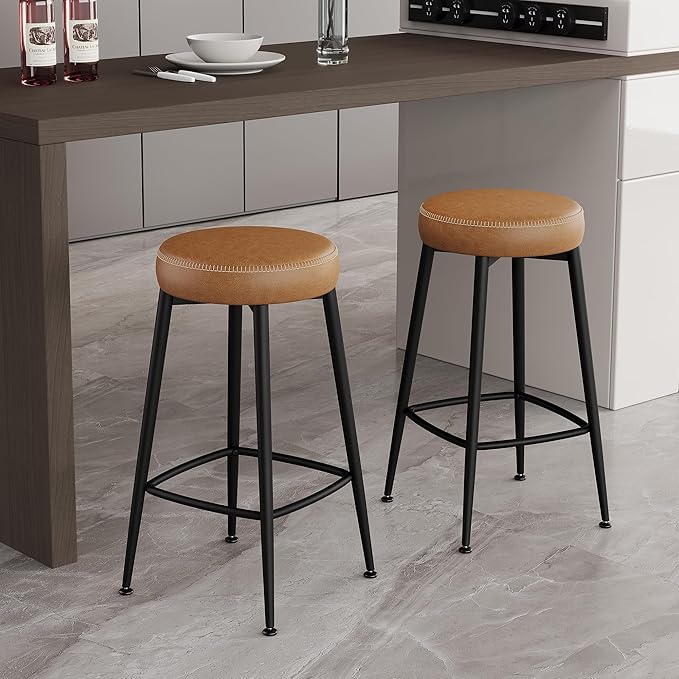 Counter Height Bar Stools, Upholstered Faux Leather Kitchen Counter Stools - Image 2