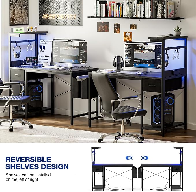 Gaming Desk 40 Inch with Power Outlet and LED Light, Computer Desk with - Image 5