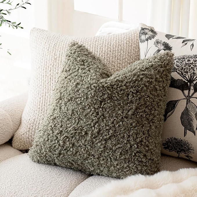 Foindtower 2 Pieces 18x18 Inch Sage Green, Faux Fur Throw Pillow Cover Accent - Image 3