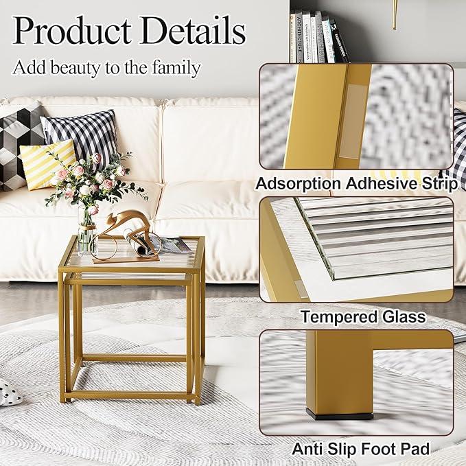 VILAWLENCE Coffee Table Set of 2, Modern Gold Patterned Glass Side Table - Image 5