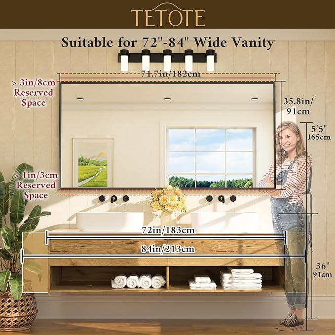 TETOTE Matte Black Beveled Framed Bathroom Mirror 72" x 36" Large Black - Image 6
