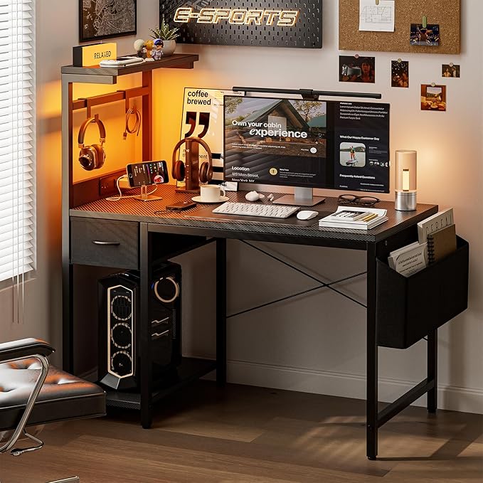 Gaming Desk 47 Inch with Power Outlet and LED Light, Computer Desk with - Image 2
