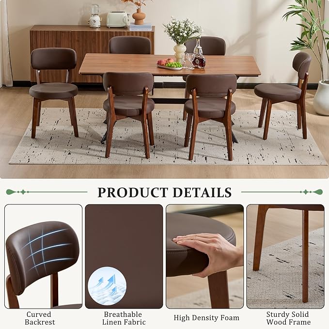 Furniliving Wooden Dining Chairs Set of 2, Mid-Century Modern Leather - Image 6