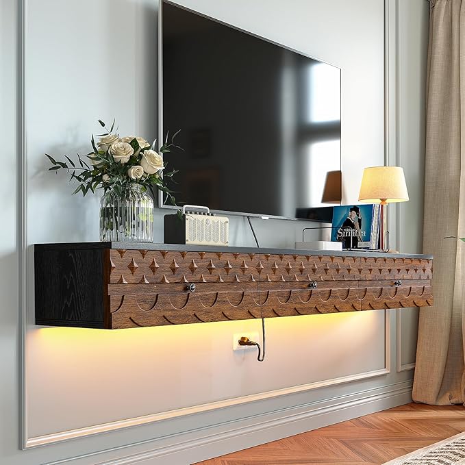 Fully-Assembled Floating TV Stand, Vintage Carved Floating Entertainment Center - Image 4